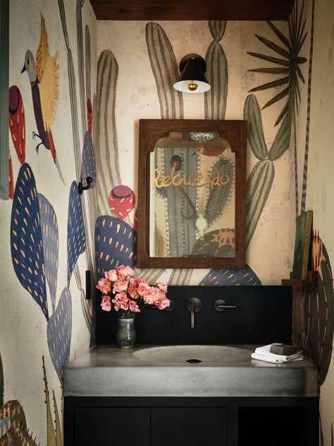 Lake Flato San Antonio House Powder Room Mural, Mexican Interior Design, Mexican Interiors, Lake Flato, Bathroom Mural, Exposed Ceilings, Modern Luxury Bathroom, Interior Murals, Modern Style Bathroom