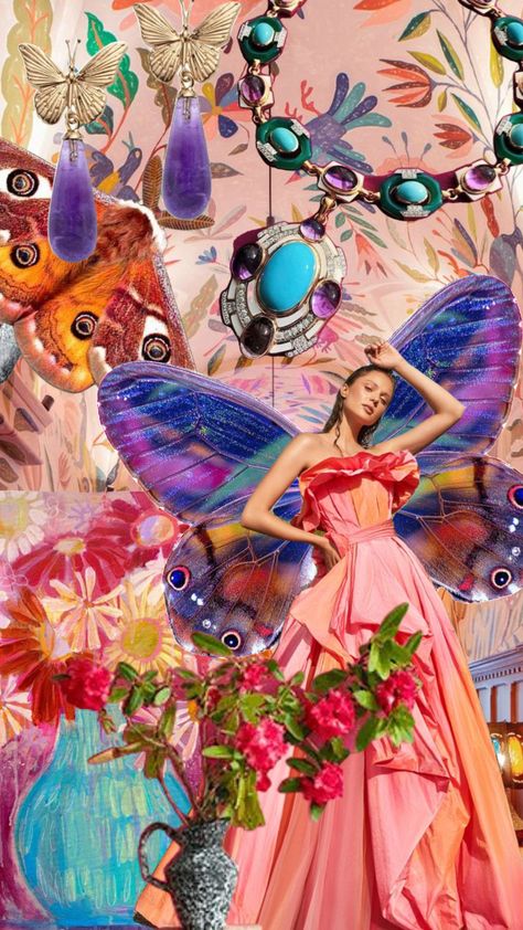 Mariposa #maximalist #maximalistdesign #maximalistfashion #pinkaesthetic #pinkboard #butterflyboard #butterfly #butterflies Butterfly Moodboard Fashion, Butterfly Mood Board Fashion, Maximalist Mood Board, Pink Dress For Birthday, Butterfly Editorial, Pink Butterfly Theme, Artistic Garden, Maximalist Painting, Flower Dress Art