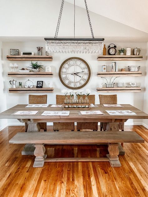 Dining Room Transformation | Finding Silver Linings Dining Room Floating Shelves, Before And After Dining Room, Dining Room Makeovers, Dining Room Shelving, Farmhouse Dining Room Set, Dining Room Transformation, Dining Room Trends, Dining Room Shelves, Floating Shelf Decor