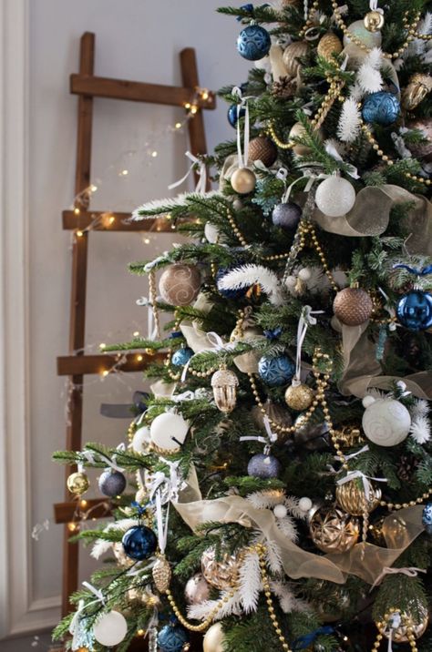 Blue Green Gold White Christmas Tree, Christmas Tree Brown And Blue, Blue Snd Gold Christmas Tree, Navy Velvet Christmas Tree, Christmas Tree Blue And Brown, Blue And Copper Christmas Decor, Christmas Tree Blue Theme, Hanukkah Christmas Tree, Blue And Bronze Christmas Tree