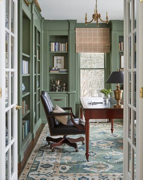 Green Home Offices, Style Me Pretty Living, Green Office, Home Library Design, Green Walls, Home Office Space, Home Library, Elegant Homes, Home Office Design