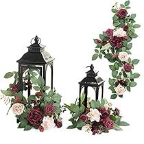 Burgundy Wedding Aisle, Wedding Aisle Chair Decorations, Centerpieces Burgundy, Floral Arrangements For Wedding, Rose Flower Garland, Decorations For Reception, Lantern Decorations, Chair Flowers, Lantern Wreath