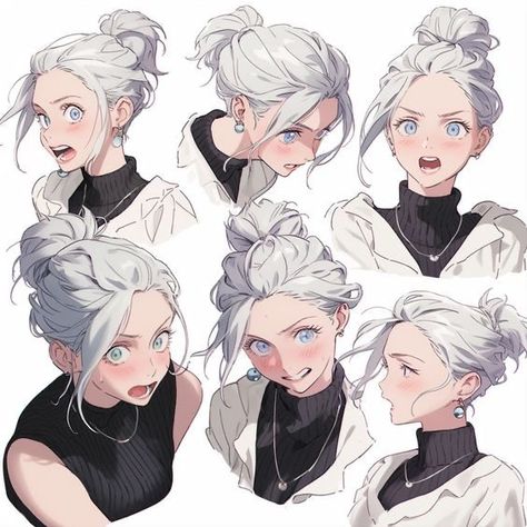 Expression Sheet Drawing, Character Face Concept Art, Character Design Sheet Reference, Character Art White Hair, Drawing Female Eyes, Long Anime Hair, Silver Hair Anime, Character Design Styles, Silver Hair Female Character Art