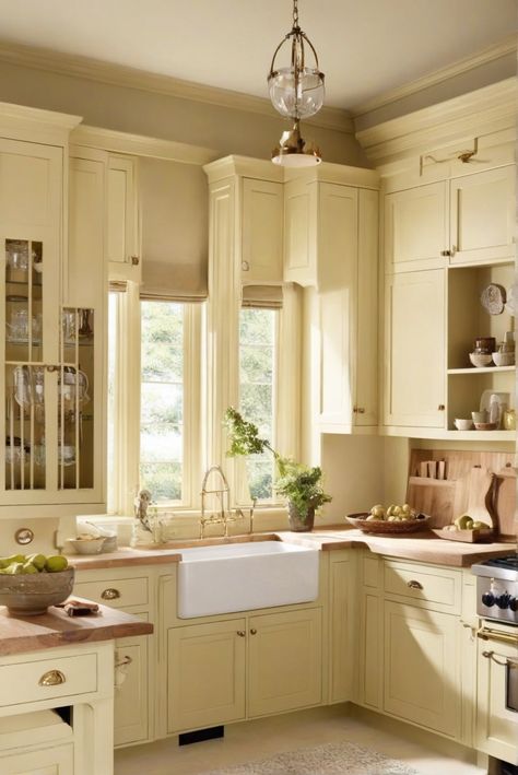 - Cream cabinets
- Wall color inspiration
- Home decor ideas
- Interior design trends Kitchen Wall Colors With Cream Cabinets, Almond Cabinets, Butter Kitchen, Cream Colored Cabinets, Beige Wall Colors, Best Wall Colors, Neutral Wall Colors, Light Oak Floors, Green Wall Color