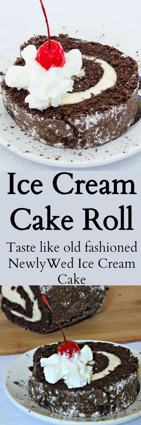 Chocolate cake filled with ice cream. Tastes like vintage NewlyWed Ice Cream Cake of days gone by. Crockpot Chocolate Cake, Flowerless Chocolate Cake, Ice Cream Cake Roll, Hershey Chocolate Cakes, Chocolate Ice Cream Cake, Chocolate Roll Cake, Cake Roll Recipes, Ice Cream Cake Recipe, Tasty Chocolate Cake