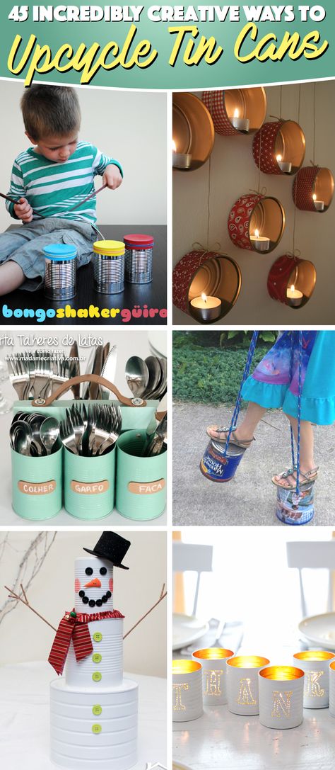 45 Ideas About Upcycling Tin Cans And Turning them Into an All New Thing of Wonder Upcycling Aluminum Cans, Recycled Large Tin Cans Storage, Best Out Of Waste From Tin Cans, Can Flowers Diy Tin, Diy Plant Pots Recycled Tin Cans, Formula Can Crafts, Homemade Chalkboard, Door Diy Projects, Copper Spray Paint