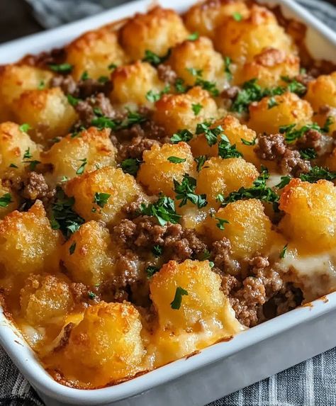 Tater Tot Casserole With Ground Beef Recipe - cookingwithsandra.com Tatertot Casserole Recipe Beef, Tater Tot Casserole With Ground Beef, Tater Tots Casserole, Tator Tot Recipe, Beef Tater Tot Casserole, Tot Recipes, Newest Recipes, Casserole With Ground Beef, Cheeseburger Tater Tot Casserole