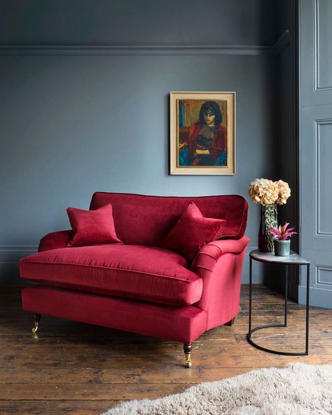 The Sunday Times Home on Instagram: “Despite the name, there’s no pressure to share: the Alwinton snuggler, set on turned oak legs, is a traditional Howard-style seat, pictured…” Red Armchair Living Room, Loveseats For Small Spaces Living Room, Burgundy Armchair, Moody Living Room, Loveseat Living Room, Red Couch, Bespoke Sofas, Sofa Handmade, Buy Sofa