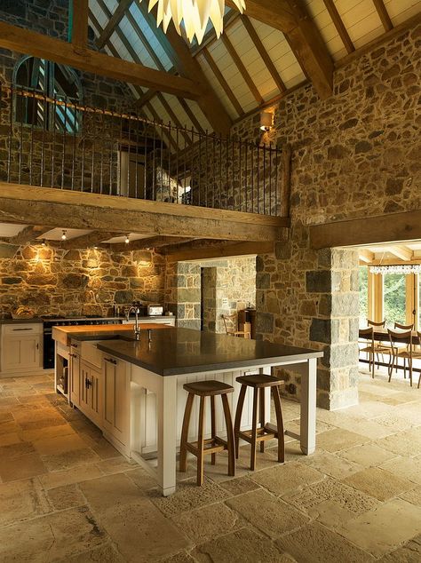 Classic farmhouse style setting offers the perfect opportunity to add a mezzanine level above the kitchen Barn Conversion Interiors, Barn Kitchen, Barn Living, Barn Interior, Barn Renovation, Barn Conversion, Stone Walls, Barn Style House, Stone Houses