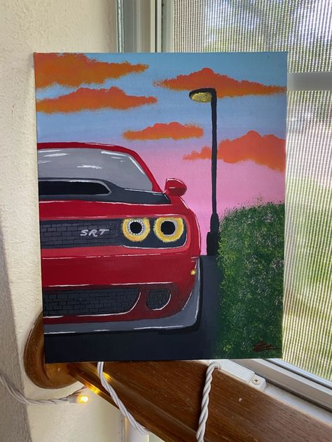 Aesthetic Car Painting Ideas, Race Car Painting Canvas, Hellcat Painting Canvas, Fast And Furious Canvas Painting, Cars Painting Easy, Mustang Painting Canvas Easy, Simple Car Painting Canvas, Cool Car Paintings, Dodge Challenger Painting