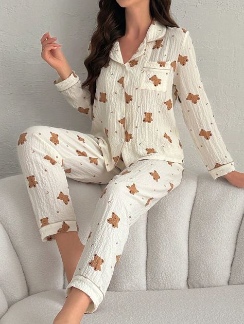 Teddy Bear Style Long Sleeve & Pants Pajama Set Apricot Cute    Cartoon Pant Sets Non-Stretch Fall/Winter Women Sleep & Lounge, size features are:Bust: ,Length: ,Sleeve Length: Teddy Bear Pajamas Set, Neutral Christmas Pajamas, Autumn Pjs, Teddy Bear Pajamas, Fall Pajamas, Winter Pjs, Pajamas Aesthetic, Christmas Pj, Christmas Jammies