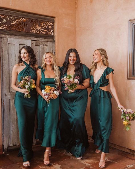 The Most Stunning Emerald Green Bridesmaid Dresses in Every Style Satin Emerald Green Bridesmaid Dresses, Fall Bridesmaids Dresses, Jewel Tone Bridesmaid Dresses, Mismatched Green Bridesmaid Dresses, Bridesmaid Dresses Midi, Emerald Wedding Colors, Forest Green Bridesmaid Dresses, Emerald Green Bridesmaid Dresses, Dark Green Bridesmaid Dress