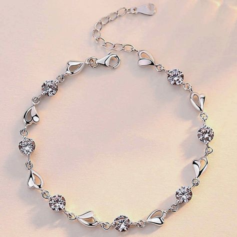 Fashion white crystal heart-shaped silver bracelet female heart-shaped bracelet. Silver Bracelet Designs, Sterling Silver Heart Bracelet, Inexpensive Jewelry, Silver Heart Bracelet, Silver Jewellery Indian, Silver Bracelets For Women, Bracelets Design, Bangles Jewelry Designs, Hand Bracelet