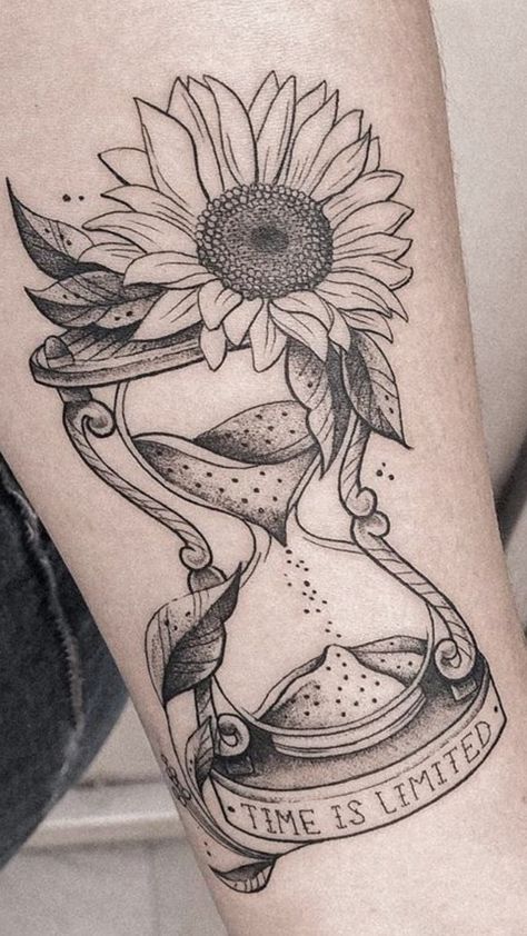 Hour Glass Tattoo Design, Time Piece Tattoo, Sunflower Tattoo Ideas, Flowers Tattoos, Carnation Tattoo, Hourglass Tattoo, Armband Tattoos, Floral Tattoo Sleeve, Sunflower Tattoos