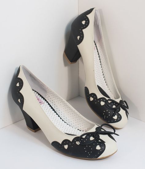 Vintage Style Black & Cream Cutout Leatherette Wiggle Pumps – Unique Vintage 1950s Fashion Shoes, Rockabilly Shoes, 1950s Shoes, Pin Up Shoes, Vintage Inspired Shoes, Vintage Shoes Women, Vintage Style Shoes, Pleaser Heels, Glamour Vintage