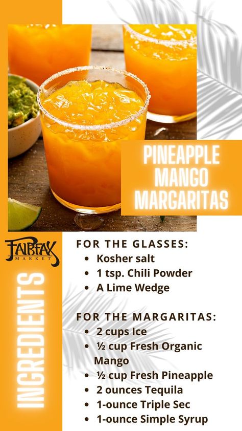 pineapple-mango-margaritas-recipe-fairfax-market-marin-county Fresh Fruit Margarita Recipe, Pineapple Margarita Recipe, Tequila Mixed Drinks, Mango Margaritas, Mango Margarita Recipe, Fruit Margarita, Fun Drinks Alcohol, Pineapple Margarita, Beautiful Saturday