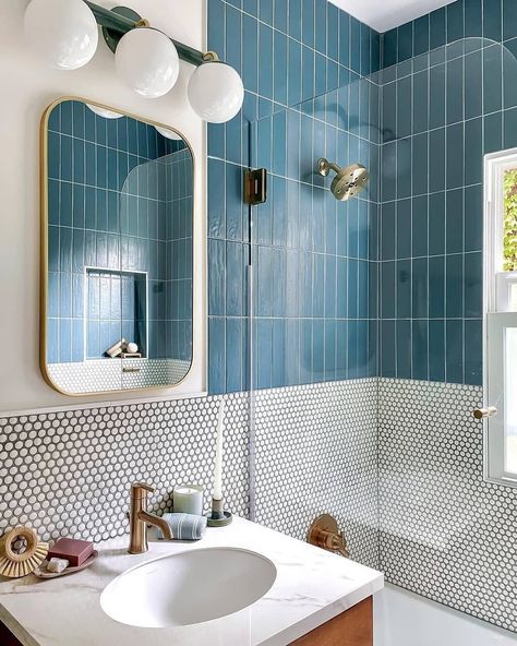 Design + Photo by @foxhomesmn. ​ ​Tile featured: Color Market Auckland Subway + Penny Round Matte White. Blue Tiled Bathroom, Penny Tile Bathroom, Penny Tile Bathroom Floor, Penny Tiles Bathroom, Subway Tile Bathroom, Tiled Bathroom, Subway Tiles Bathroom, Fox Home, Penny Tile