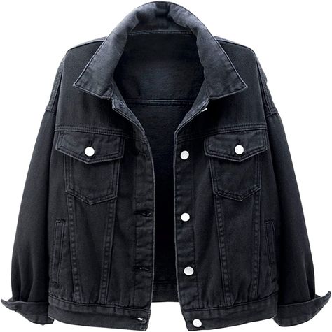 Gacaky Women's Basic Solid Color Button Down Denim Cotton Jacket With Pockets Black S at Amazon Women's Coats Shop Shirt Jacket Womens, Long Sleeve Jean Jacket, Casual Plaid Shirt, Womens Denim Vest, Casual Denim Jacket, Denim Coat Women, Black Jean Jacket, Vintage Denim Jeans, Black Jean