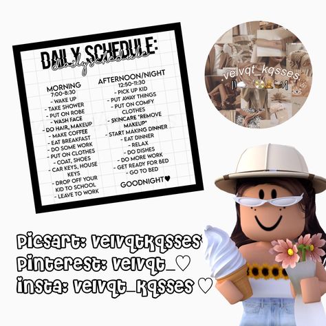 check out my insta, & picsart. Drop a follow and like!🙈 for any decal requests, dm me! <3 i forgot to add the code to the picture but check the comments! Bloxburg Timetable Decals, Bloxburg Schedule Codes, School Schedule Bloxburg, Bloxburg Chores List Codes, Mom Daily Schedule, Bloxburg Id Codes, Chore Chart Pictures, Berry Avenue Decal Codes, Decal Bloxburg