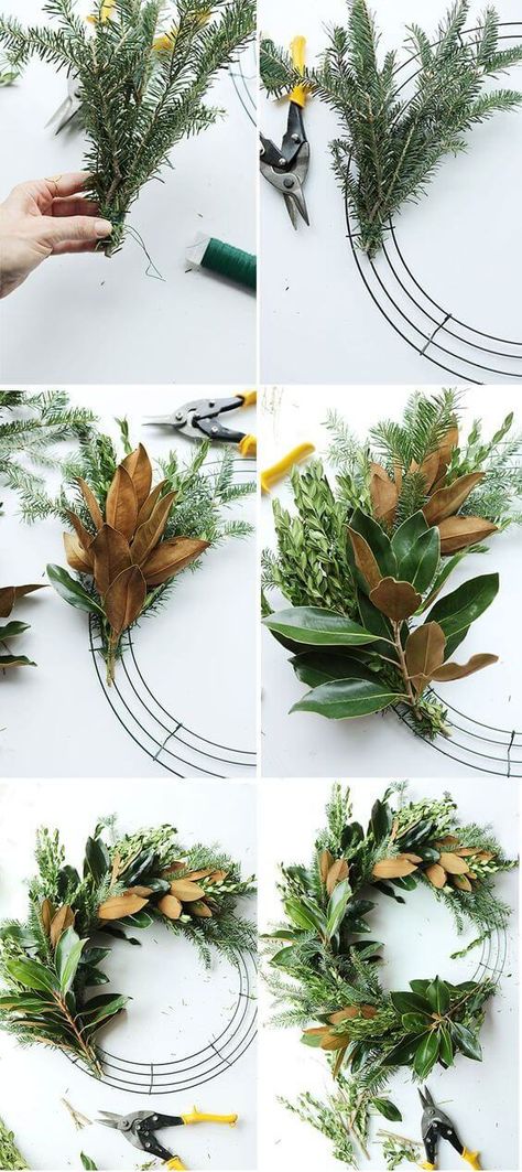 DIY Fresh Magnolia Mixed Branch Wreath | Creative, Easy, and Inexpensive Christmas Wreaths | Farmfoodfamily.com Magnolia Christmas Decor, Fresh Christmas Wreath, Branch Wreath, Make A Wreath, Magnolia Wreath, Xmas Wreaths, 15 Diy, Coastal Farmhouse, Holiday Wreath