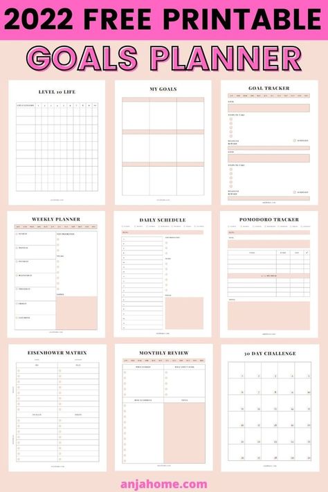 Download a free goal setting worksheet planner and plan 2022 to be the best year ever #anjahome #2022freeprintables #freebulletjournalprintables This cute goals planner template includes the following inserts: level 10 life chart, yearly goals, goal tracker, monthly calendar, weekly layouts, daily schedule, Pomodoro tracker, etc These pink 2022 goal planning sheets work great as a bullet journal, student binder, or life planner #free2022planner #freeplanner #2022bulletjournal Yearly Goals Planner Ideas, Monthly Goal Setting Worksheet, Daily Goal Template, Weekly Goal Setting Worksheet, Month Goals Template, New Year Planner Layout, Monthly Goal Planner Printable Free, Goal Planner Template Free Printables, Goals Tracker Printable