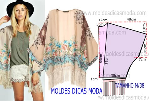 Este modelo de casaco é um pedido expresso de uma seguidora da página, este molde de casaco hippie tem o tamanho M que corresponde ao numero 38 e 40. Short Dress Patterns, Diy Kimono, Sewing Blouses, Mode Kimono, Trendy Sewing, Kimono Pattern, Diy Sewing Clothes, Clothes Sewing Patterns, Fashion Sewing Pattern