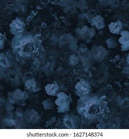 Floral Vintage Seamless Pattern Beautiful Blooming Stok İllüstrasyon 1617364528 Hydrangea Wallpaper, Blue Scrapbook, Navy Blue Flowers, Roses Garden, Mood Colors, Blue Pictures, Scrapbook Art, Night Art, Dark Floral