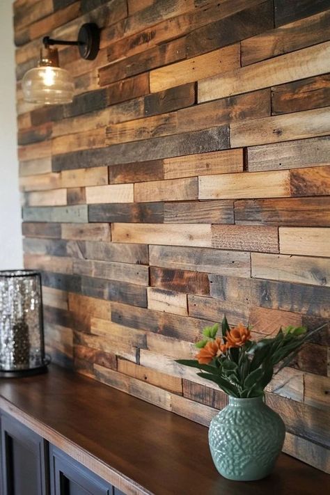 "Elevate your decor with a DIY Pallet Wood Wall! 🛠️🌲 A great way to add texture and rustic appeal to your space. 🌿✨ #PalletProjects #RusticWall #HomeInspiration" Farmhouse Pallet Wall, Wood Pallet Wall Outdoor, Kitchen Pallet Wall, Repurposed Wood Wall, Diy Wooden Accent Wall, Metal And Wood Walls, Pallet Wood Wall Ideas, Diy Pallet Flooring Indoors, Diy Wood Paneling Makeover