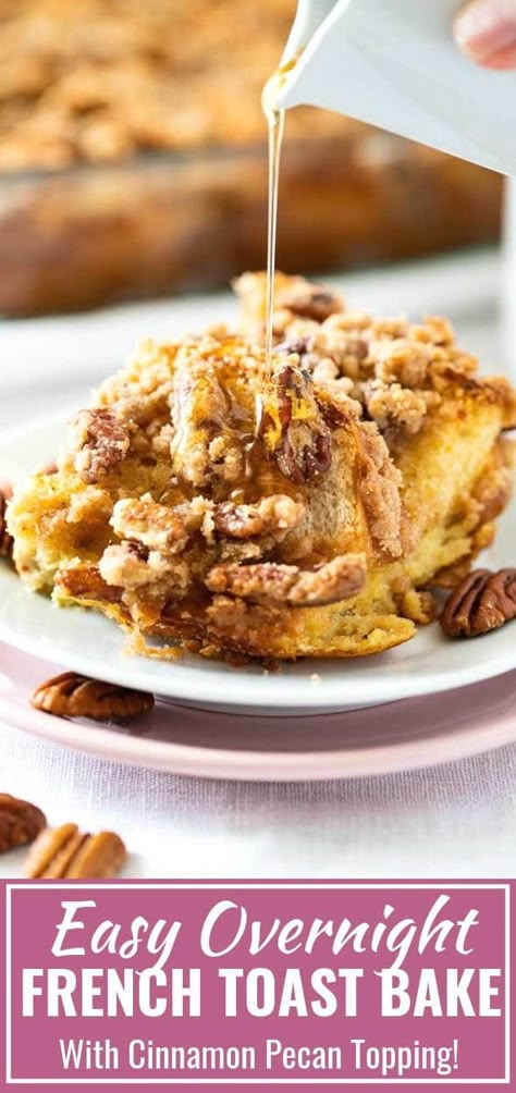 Overnight French Toast Casserole makes the perfect holiday breakfast for a large crowd! Easy to prep in advance and topped with a crunchy Cinnamon Pecan Streusel this baked french toast recipe saves you time in the morning and tastes so delicious. But it can also be baked right away! #frenchtoastbake #frenchtoast #breakfast #holidaybrunch #pecans #streuseltopping #brunch #breakfastcasserole Brunch Recipies, Easy French Toast Casserole, Easy French Toast Bake, French Toast Bake Overnight, Pumpkin French Toast Casserole, French Toast Casserole Recipe, French Toast Casserole Easy, Easy French Toast, French Toast Bake Recipe