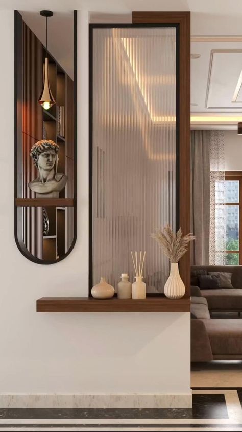 Small Partition Design Living Rooms, Partition Ideas Living Spaces, Foyer Partition Ideas, Luxury Partition Design, Hall Partion Ideas, Hall Partition Living Rooms, Partition Design Living Rooms, Walls Decoration Ideas, Modern Room Partitions