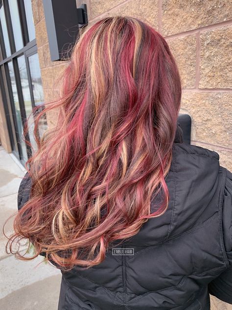 Long Hairstyles With Red Highlights, Red Lowlights In Dark Blonde Hair, Red Blond And Brown Hair, Blonde Burgundy Brown Hair, Brown Hair Blonde And Red Highlights, Light Brown Hair With Colorful Highlights, Blonde Hair With Cherry Red Highlights, Light Brown Hair With Red Highlights Burgundy, Dark Blonde Hair Red Highlights