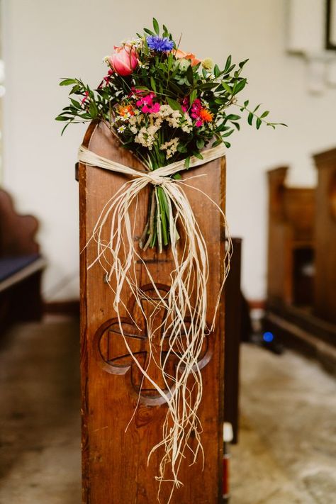 Wedding Aisle Wildflowers, Rustic Church Wedding Decorations, Boho Church Wedding, Pew Flowers For Wedding, Wedding Flowers Thistle, Church Aisle Decorations Wedding, Church Flowers Wedding, Mill Wedding Decor, Small Church Wedding Decorations