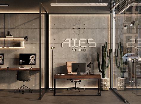 Concrete Office Interior, Construction Office Design, Industrial Office Interior Design, Industrial Interior Design Office, Creative India, Metal Interior Design, Law Firm Office, Workstation Ideas, Workshop Office