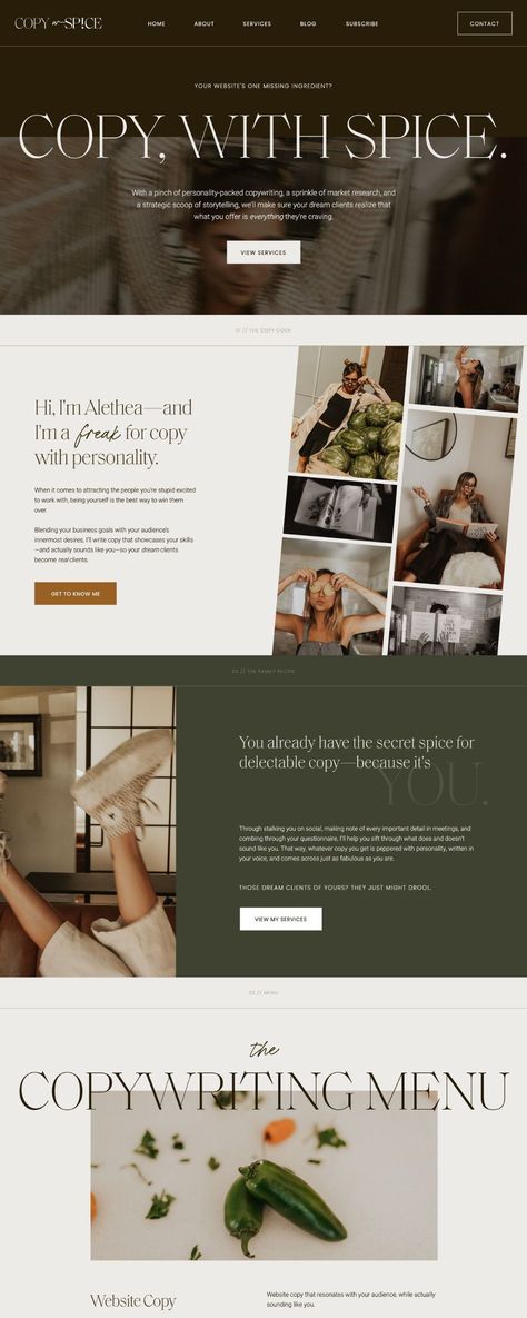 Want to incorporate a boho style in your website while still looking professional? Take a look at this copywriter website design, where we used an earthy color palette and more editorial, high-end design choices like font pairings and big banner images to create a grounded, high-end website for Copy with Spice! Best Websites For Graphic Designers, Copywriting Website Design, Marble Website Design, Olive Green Website Design, Magazine Style Website Design, Website Branding Colors, Graphic Design Website Layout, High End Color Palette Branding, Scandinavian Website Design