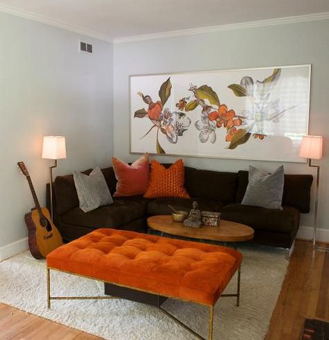 Orange Ottoman, Living Room Brown, Brown Living Room Decor, Brown Couch Living Room, Room Brown, Couch With Ottoman, Brown Couch, Living Room Orange, Trendy Living Rooms