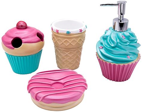 Amazon.com: YangShiMoeed 4-Piece Ice-Cream Bathroom Accessories Sets with Ice Cream Cone Lotion/Soap Dispenser,Cone Bath Cup/Tumbler,Doughnut Soap Dish,Milkshake Toothbrush Holder Best Gift for Children: Home & Kitchen Candy Bathroom, Donut Soap, Recipe Box Dividers, Sports Bathroom, Cream Bathroom, Bathroom Downstairs, Cake Soap, Kid Bathroom, Kids Bathroom Accessories