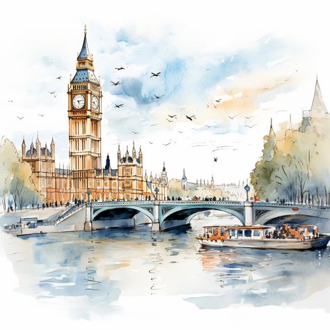 "Watercolor overview of London's Westminster skyline, featuring Big Ben, Houses of Parliament, and River Thames, with precise brush strokes, vibrant essence, and scenic tranquility." #London #BigBen #Westminster #ThamesRiver #Watercolor #Bridge #Riverboat #Parliament #Skyline #Art #Exhibition #Painting #Birds #Cityscape #Architecture #Historic #England #UK #Reflection #Water #Culture #TouristAttraction #Urban #Serenity #Sky London Painting Watercolor, London Watercolour Painting, London Watercolor Paintings, London Bridge Painting, Art Exhibition Painting, Big Ben Watercolor, Watercolor Bridge, Watercolour Buildings, London Watercolor