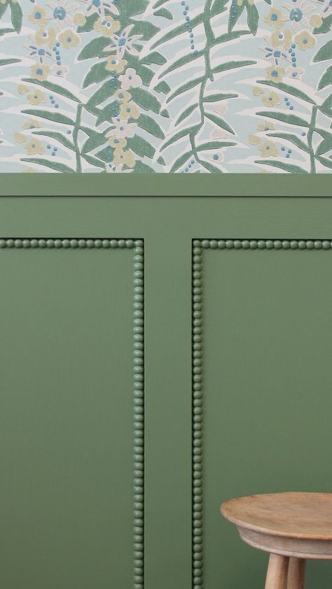 Wallpaper Green Murals, Bobbin Beaded Molding, Wall Moulding On Textured Walls, Bobbin Wall Moulding, Wall Moulding Wallpaper, Paneling And Wallpaper Bedroom, Wall Beading Design, Paneling With Wallpaper, Wallpaper Over Paneling