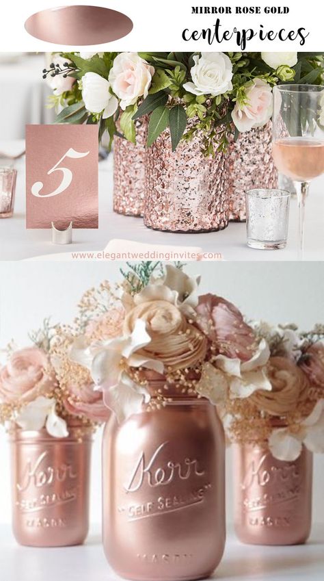 mirror rose gold mason jars Rose Gold Centerpieces, Rose Gold Party Theme, Gold Wedding Table Decorations, Rose Gold Wedding Table, Rose Gold Centerpiece, Gold Wedding Centerpieces, Rose Gold Table, Gold Mason Jars, Rose Gold Bridal Shower