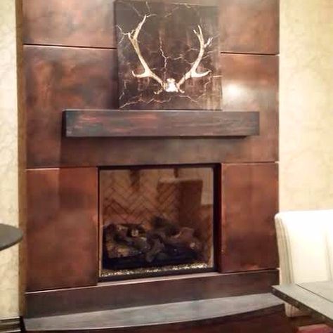 Aged Copper Fireplace, Copper Fireplace Mantel, Copper Fireplace Surround, Metal Fireplace Surround, Loft Fireplace, Copper Fireplace, Grey Fireplace, Log Cabin Living, Fireplace Update