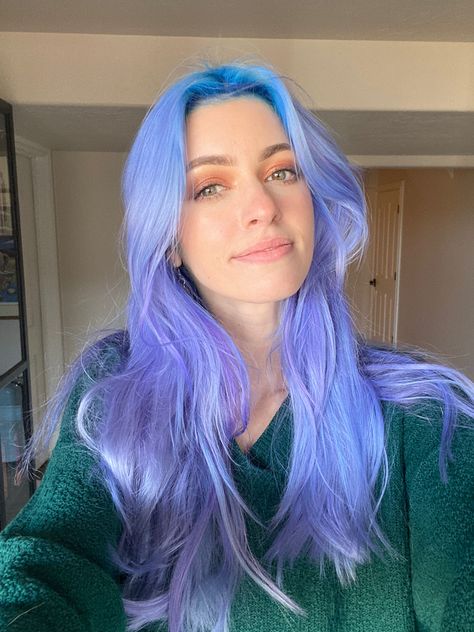 Fun Hair Color With Bangs, Neon Pastel Hair, Pastel Dyed Hair, Iridescent Hair Color, Fashion Hair Color Ideas, Neon Purple Hair, Dyed Hair Purple And Blue, Blue And Purple Hair Half, Pastel Blue And Lavender Hair