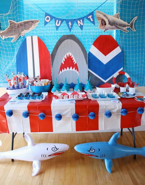 Take a look at this awesome Shark Birthday Party! Love the dessert table! See more party ideas and share yours at CatchMyParty.com #catchmyparty #partyideas #donuts #sharkparty #desserttable Shark Themed Birthday, Sea Party Ideas, Shark Themed Birthday Party, Beauty And The Beast Party, Birthday Table Decorations, Summer Party Decorations, Shark Birthday Party, Barn Painting, Summer Birthday Party