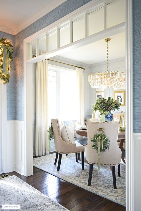 Green And Blue Dining Room Decor, Dining Room Elegant Luxury, Soft Blue Dining Room, Blue And Cream Dining Room, White Blue Dining Room, Blue Molding Wall, Blue And Green Dining Room Ideas, Green Blue Dining Room, Blue Coastal Dining Room