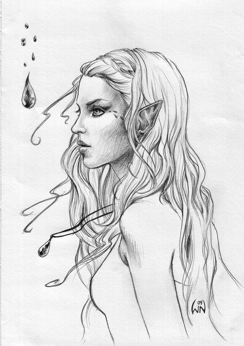 Fae Sketches, Fantasy Drawings Pencil, Fantasy Drawings Easy, Drawing Elf, Hair Reference Drawing, Elf Drawing, Elf Drawings, Pencil Drawings Of Girls, Forest Drawing