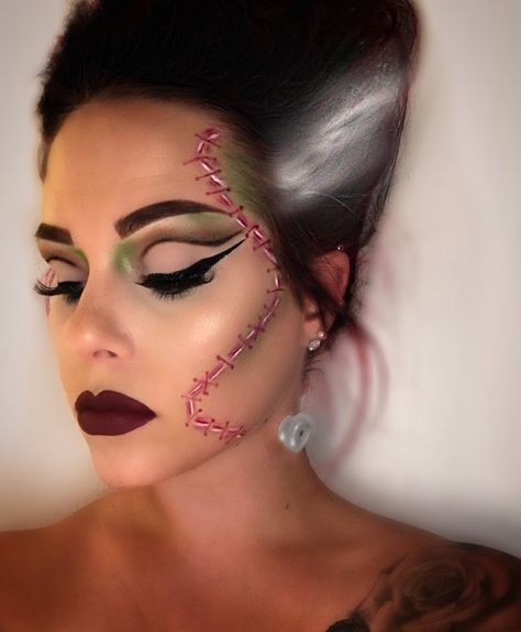 IG @symoneleemakeup Glam bride of Frankenstein Halloween makeup Momster Halloween Makeup, Easy Bride Of Frankenstein Makeup, Frankenstein Makeup Female Easy, Bride Of Frankenstein Hair Modern, Rockabilly Bride Of Frankenstein, Frankensteins Bride Make Up, Woman Frankenstein Costume, Simple Frankenstein Makeup, Frankenstein Family Costume Ideas