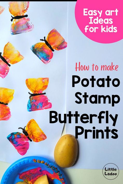 butterfly craft for kids, butterfly art ideas, potato stamp Vegetable Stamping Art, Vegetable Printing Art For Kids, Potato Stamping Art, Potato Stamping, Vegetable Printing, Potato Stamps, Butterfly Ideas, How To Make Butterfly, Make Your Own Stamp