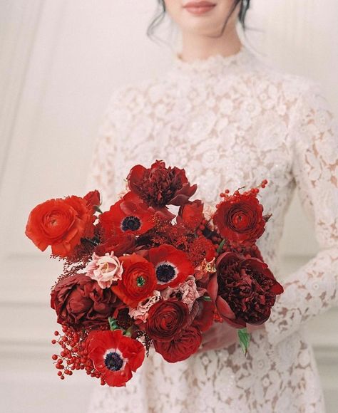 Winter Wedding Trends, Red Bouquets, Winter Wedding Ceremony, Winter Bridal Bouquets, Red Bridal Bouquet, Red Anemone, Holiday Shoot, Winter Bridesmaids, Winter Bridesmaid Dresses