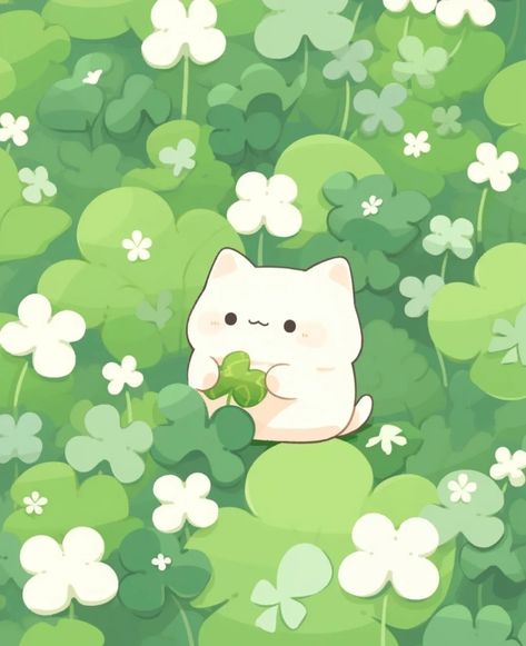 Kawaii Art Green, Green Aesthetic Cartoon, Clover Cartoon, Clover Wallpaper, Diy Fluffy Slime, Spring Animals, Goofy Drawing, Green Cute, Feature Wallpaper