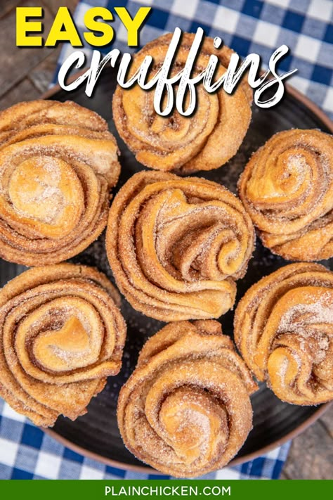 Easy Cruffins Recipe - buttery flaky pastries that are perfect for breakfast, brunch, and dessert. Effortless to make and they taste AMAZING! Only 4 ingredients! Crescent roll dough topped with butter and cinnamon sugar and baked in a muffin pan. Roll the hot muffins in more cinnamon sugar and prepare to be wowed! Pilsbury Crescent Dessert Recipes, Cruffins With Crescent Rolls, Easy Cruffins, Cruffins Recipe, Cinnamon Crescents, Plain Chicken Recipe, Cruffin Recipe, Biscuit Cinnamon Rolls, Pillsbury Biscuits