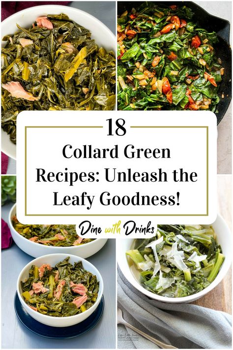 Collage of 4 collard green recipes. Vegan Collard Greens Recipe Southern, Meals With Collard Greens As A Side, What To Serve With Collard Greens, Recipes Using Collard Greens, Recipes With Collard Greens, Healthy Collard Greens Recipe, Collard Recipes, Collard Green Recipes, Collard Greens Recipe Healthy